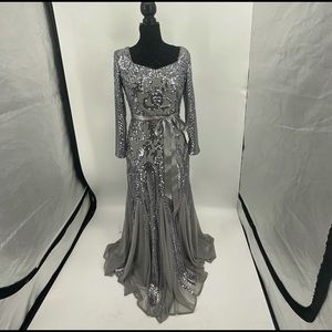 Grey & Silver sequence low cut long sleeve  beautiful Embroidering top 2 bottom